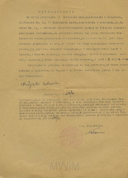 KKE 5304.jpg - Dok. Oświadczenie sądowe światków, potwierdzające własność przywiezionych rzeczy w wyniku akcji repatriacyjnej przez Janinę Kondratowicz, Ostróda, 13 XI 1947 r.